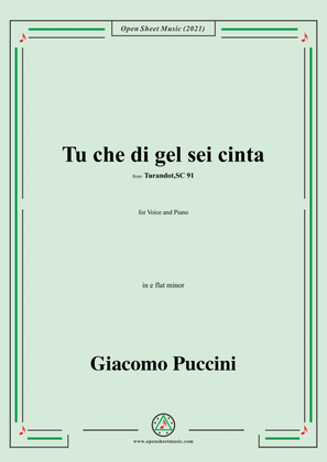 Book cover for Puccini-Tu che di gel sei cinta,in e flat minor,from 'Turandot,SC 91',for Voice and Piano