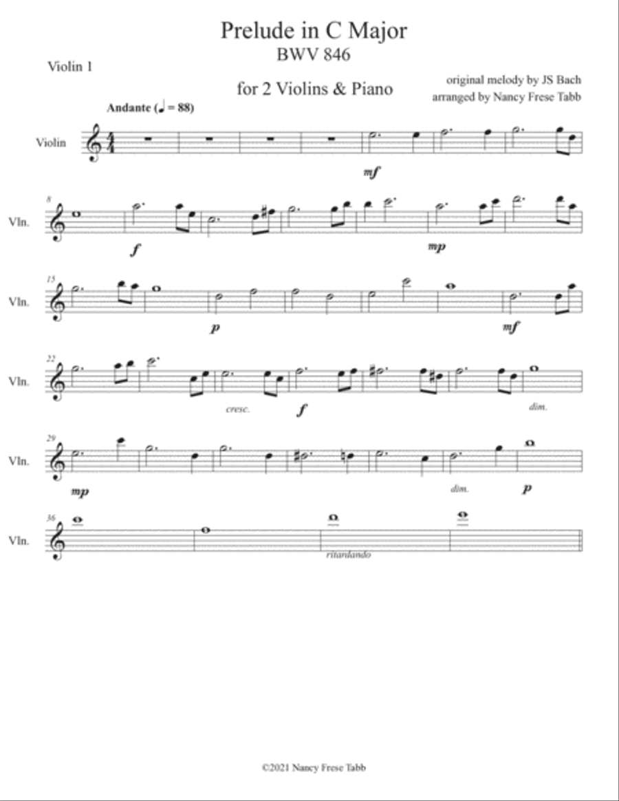 Bach Prelude in C Major (BWV 846) arr. for Two Violins & Piano Violin Solo scores gallery preview page 2