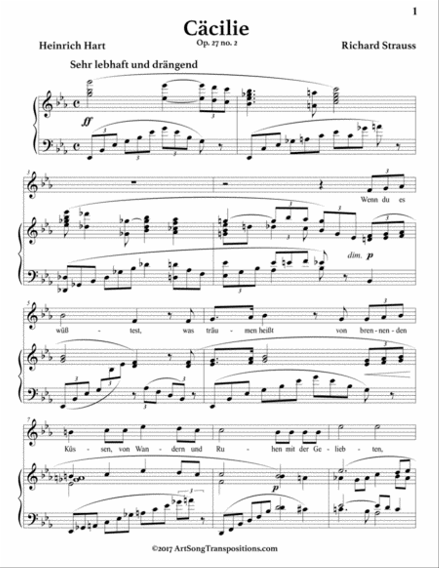 STRAUSS: Cäcilie, Op. 27 no. 2 (transposed to E-flat major) Voice scores gallery preview page 2