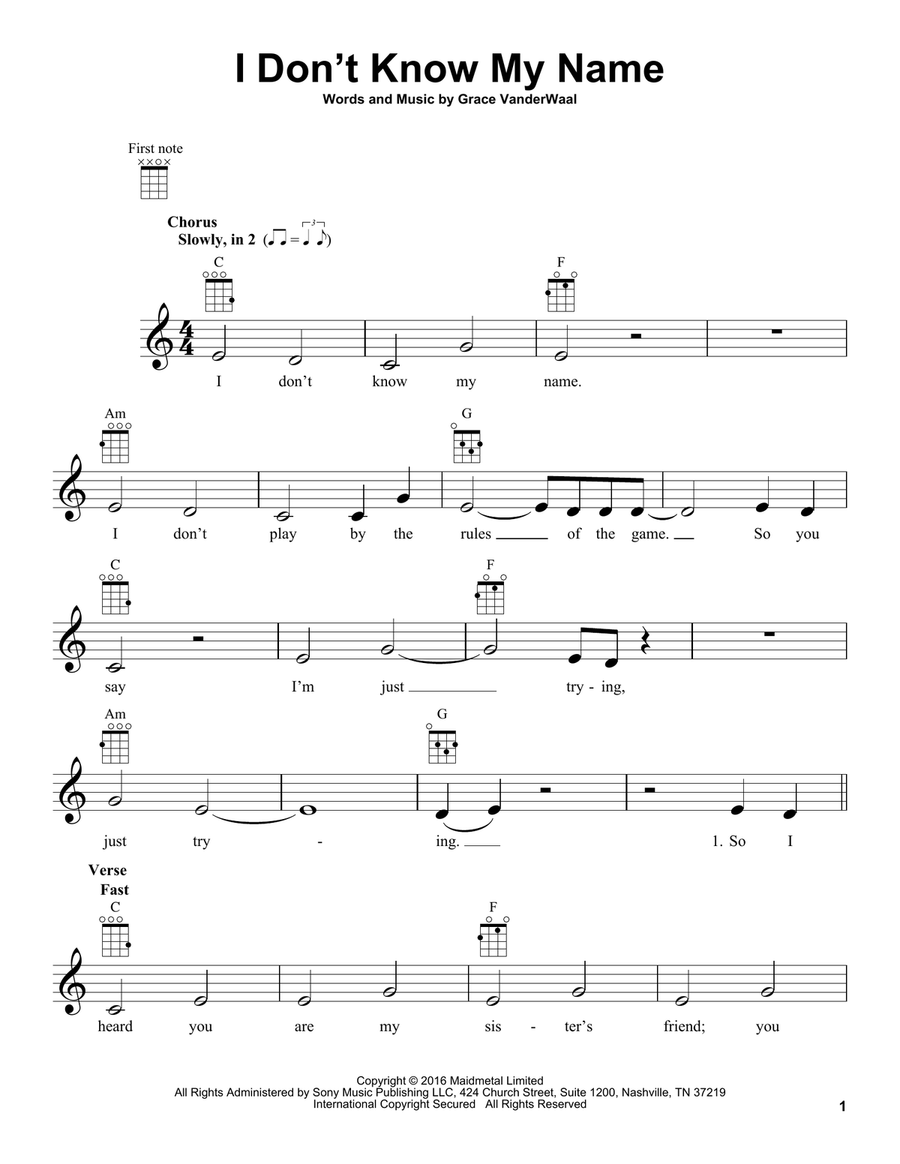 I Don't Know My Name Ukulele scores gallery preview page 1