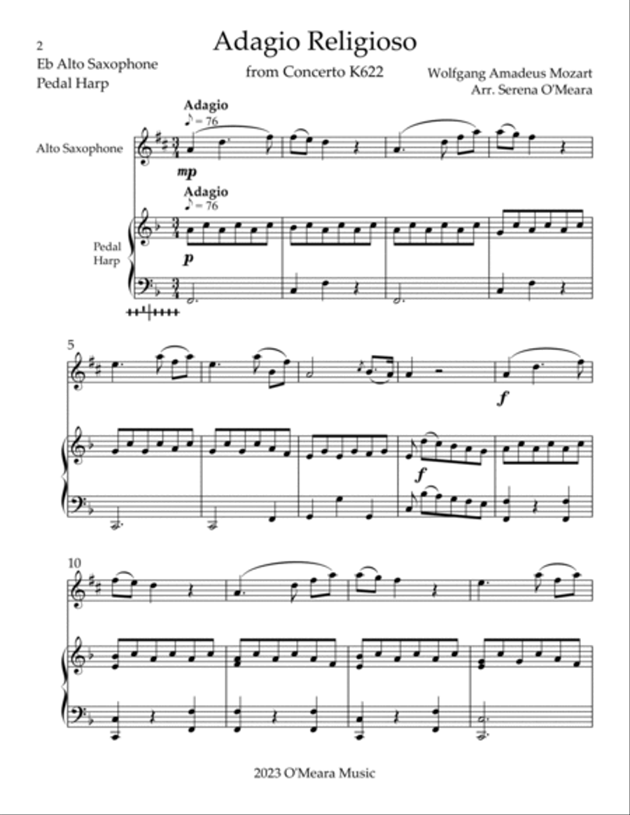 Adagio Religioso, K622, Duet for Eb Alto Saxophone & Pedal Harp Alto Saxophone scores gallery preview page 2