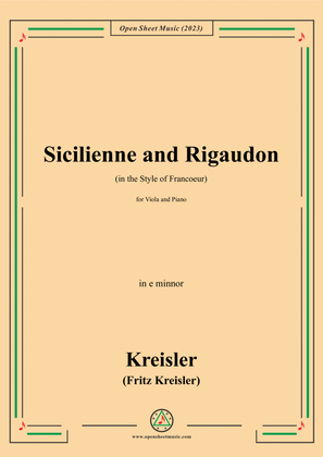 Book cover for Kreisler-Sicilienne and Rigaudon,for Viola and Piano