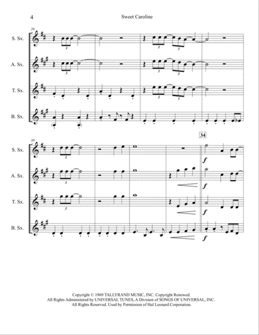 Sweet Caroline Woodwind Quartet scores gallery preview page 5