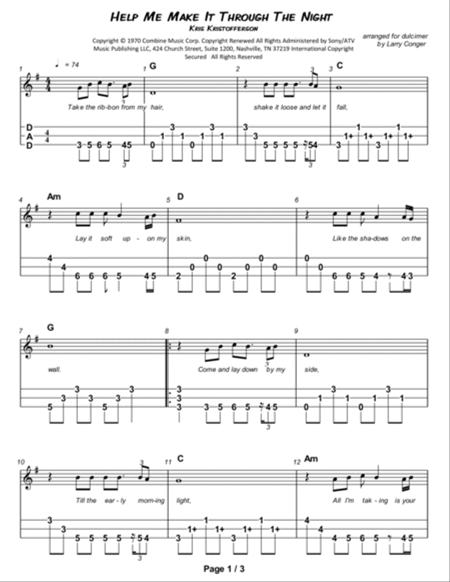 Help Me Make It Through The Night Dulcimer scores gallery preview page 2