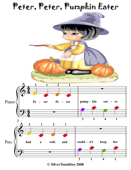 Peter Peter Pumpkin Eater Beginner Piano Sheet Music with Colored Notation