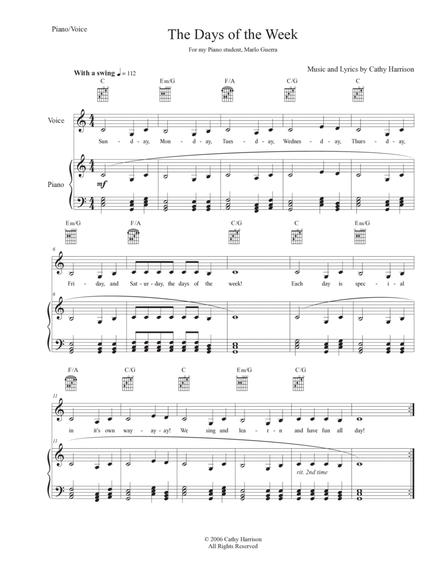 The Days of the Week Piano, Vocal, Guitar scores gallery preview page 1