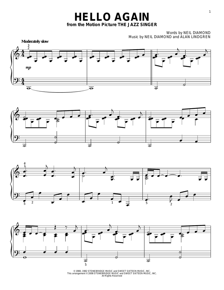 Hello Again Piano Solo scores gallery preview page 1