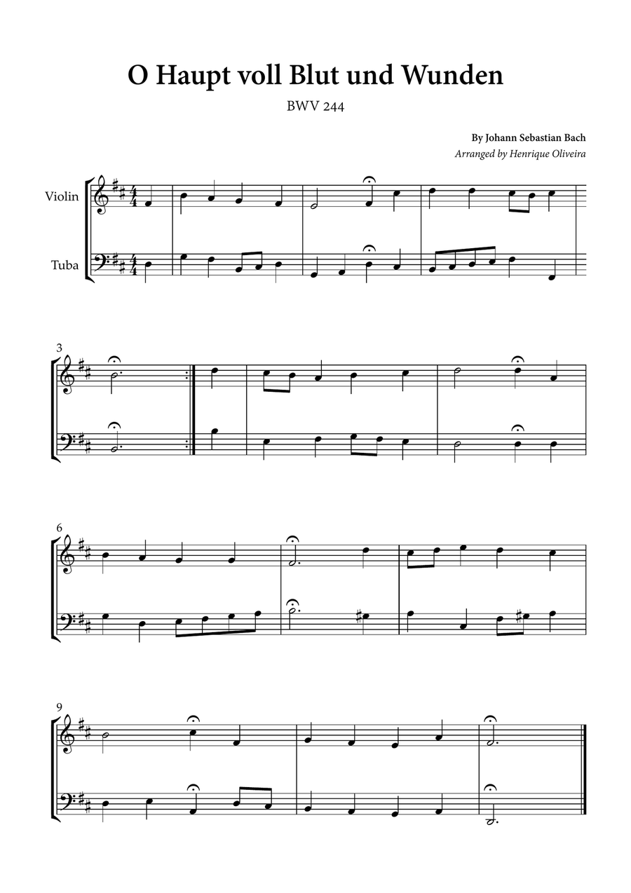 O Haupt voll Blut und Wunden (Violin and Tuba) - Johann Sebastian Bach Tuba scores gallery preview page 1