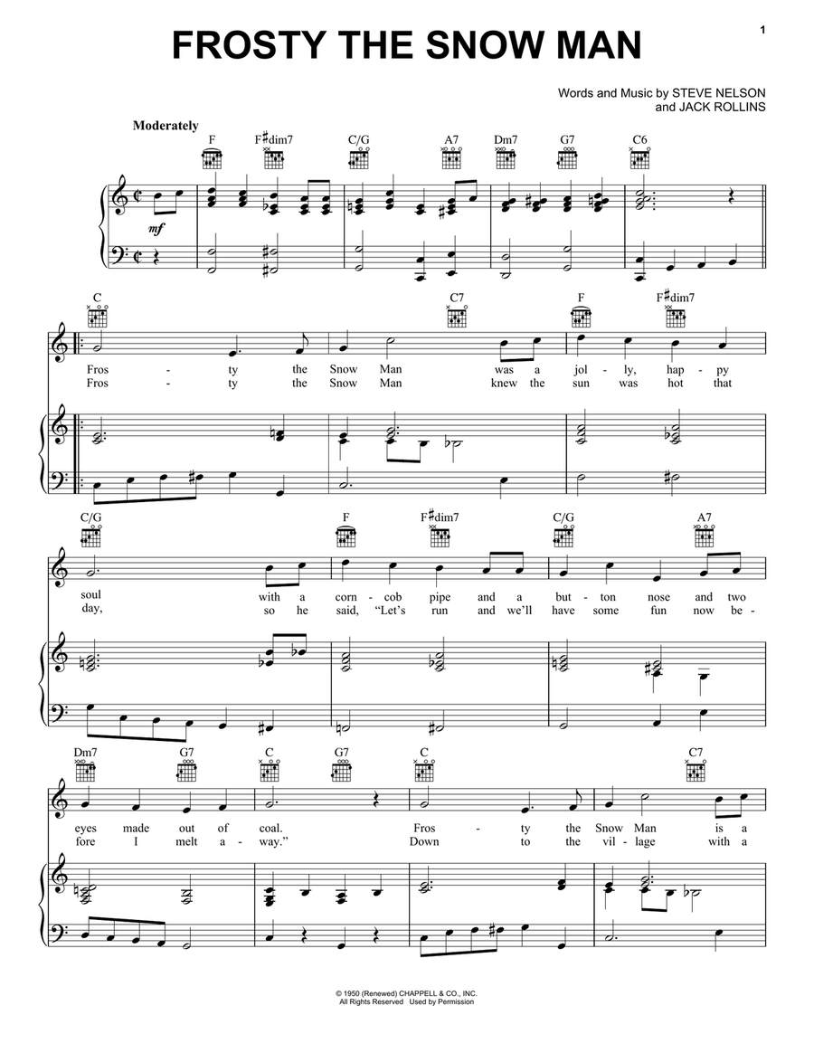 Frosty The Snow Man Piano, Vocal, Guitar scores gallery preview page 1