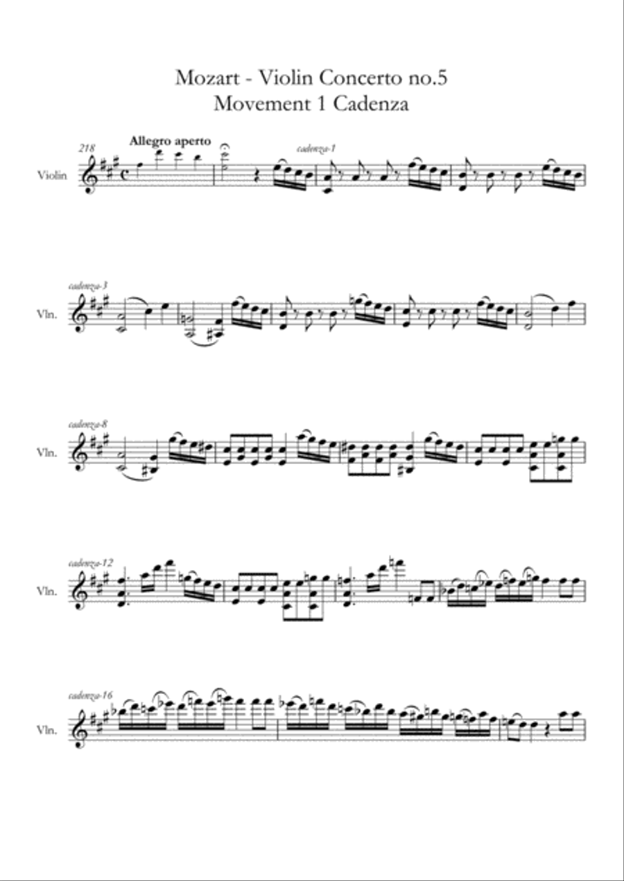 Mozart Violin Concerto no. 5 - Cadenzas Violin Solo scores gallery preview page 2