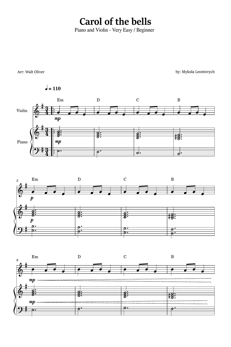 Carol of The Bells for Violin and Piano (Very Easy - Beginner) in E minor - With Chords Violin Solo scores gallery preview page 1