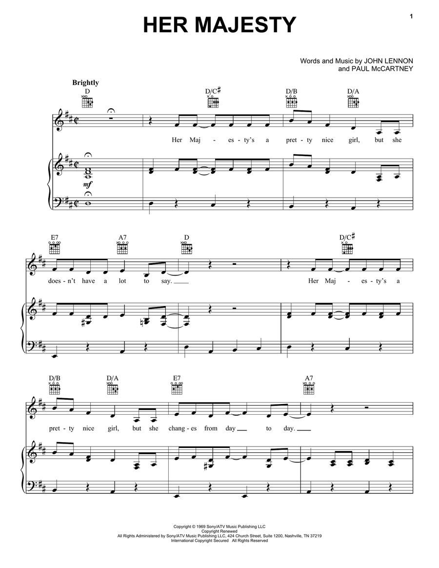 Her Majesty Piano, Vocal, Guitar scores gallery preview page 1