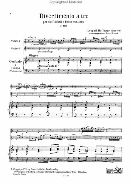 Divertimento a tre C-Dur by Leopold Hofmann Violin - Sheet Music