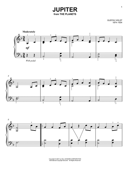 Jupiter by Gustav Holst Easy Piano - Digital Sheet Music
