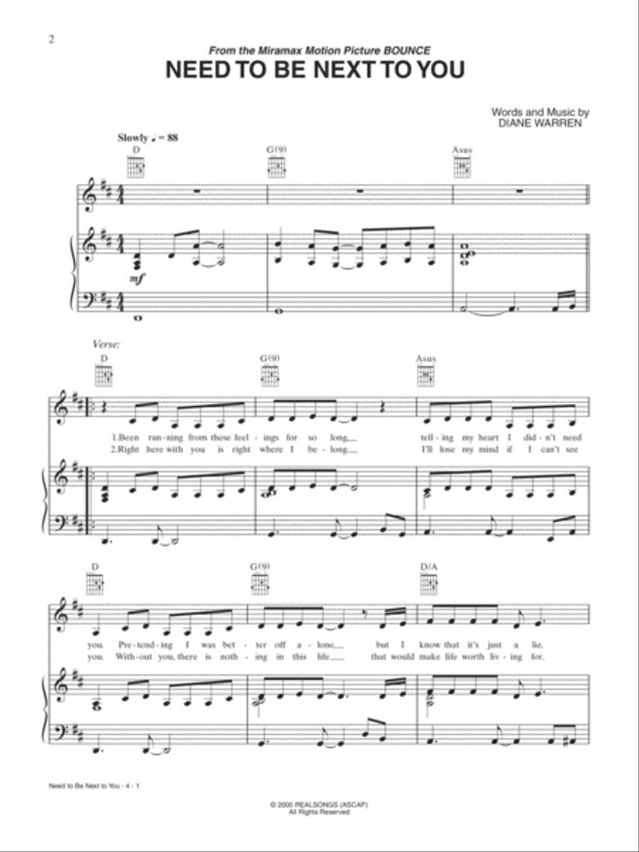 Need to Be Next to You (from Bounce) Piano, Vocal, Guitar scores gallery preview page 1