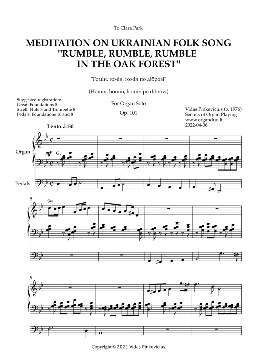 Meditation on Ukrainian Folk Song "Rumble, Rumble, Rumble in the Oak Forest", Op. 101 (Organ Solo) image number null