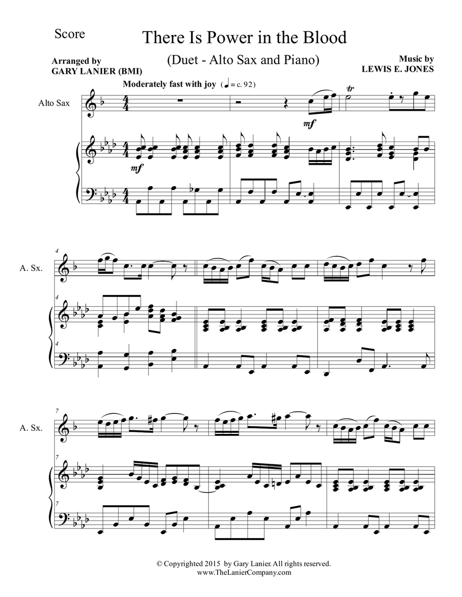Gary Lanier: THERE IS POWER IN THE BLOOD (Duet – Alto Sax & Piano with Parts) Woodwind Duet scores gallery preview page 2