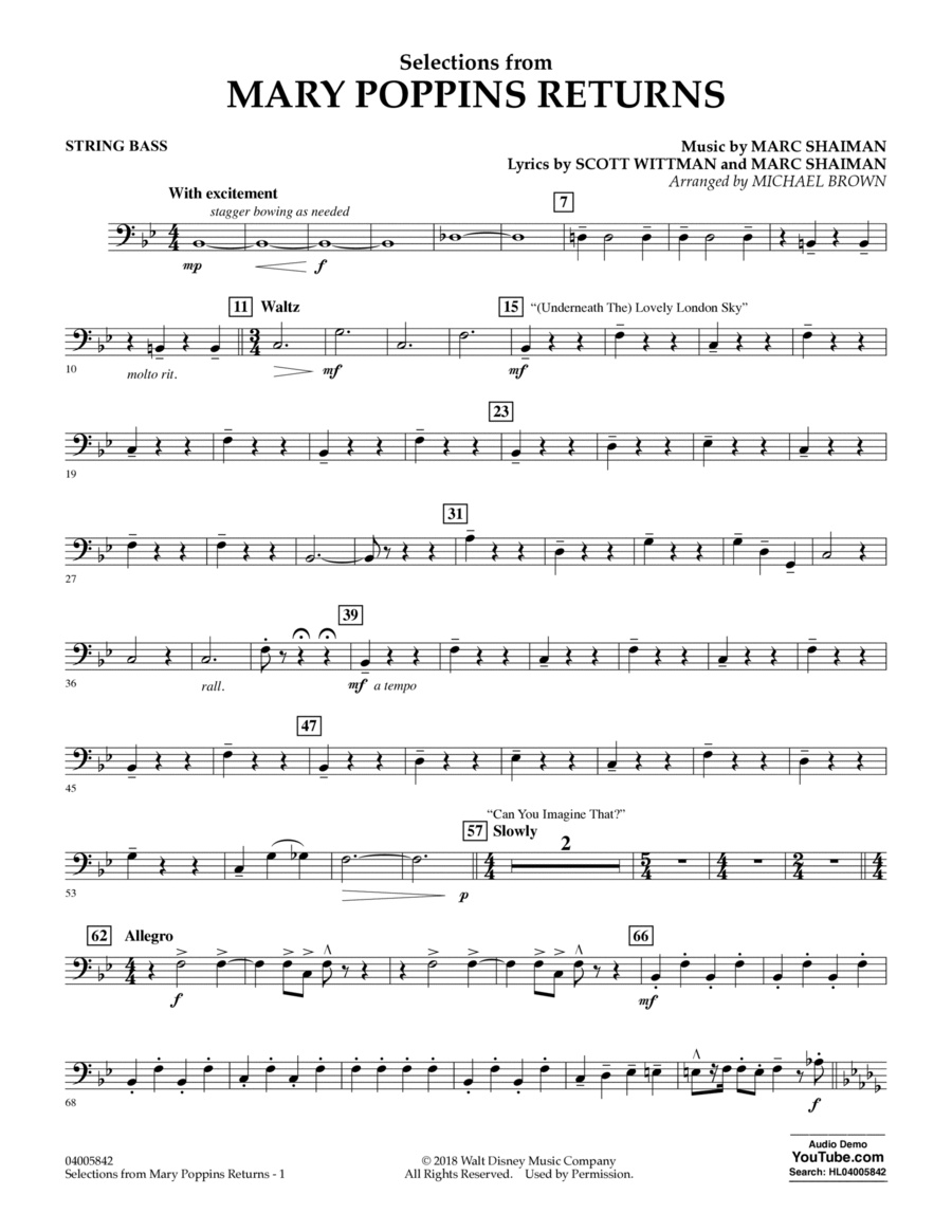 Selections from Mary Poppins Returns (arr. Michael Brown) - String Bass