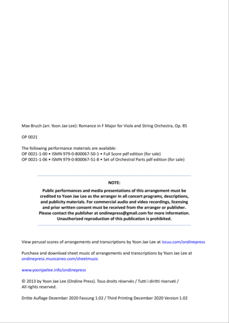 Romance in F Major for Viola and String Orchestra, Op. 85 - Score Only String Orchestra scores gallery preview page 2