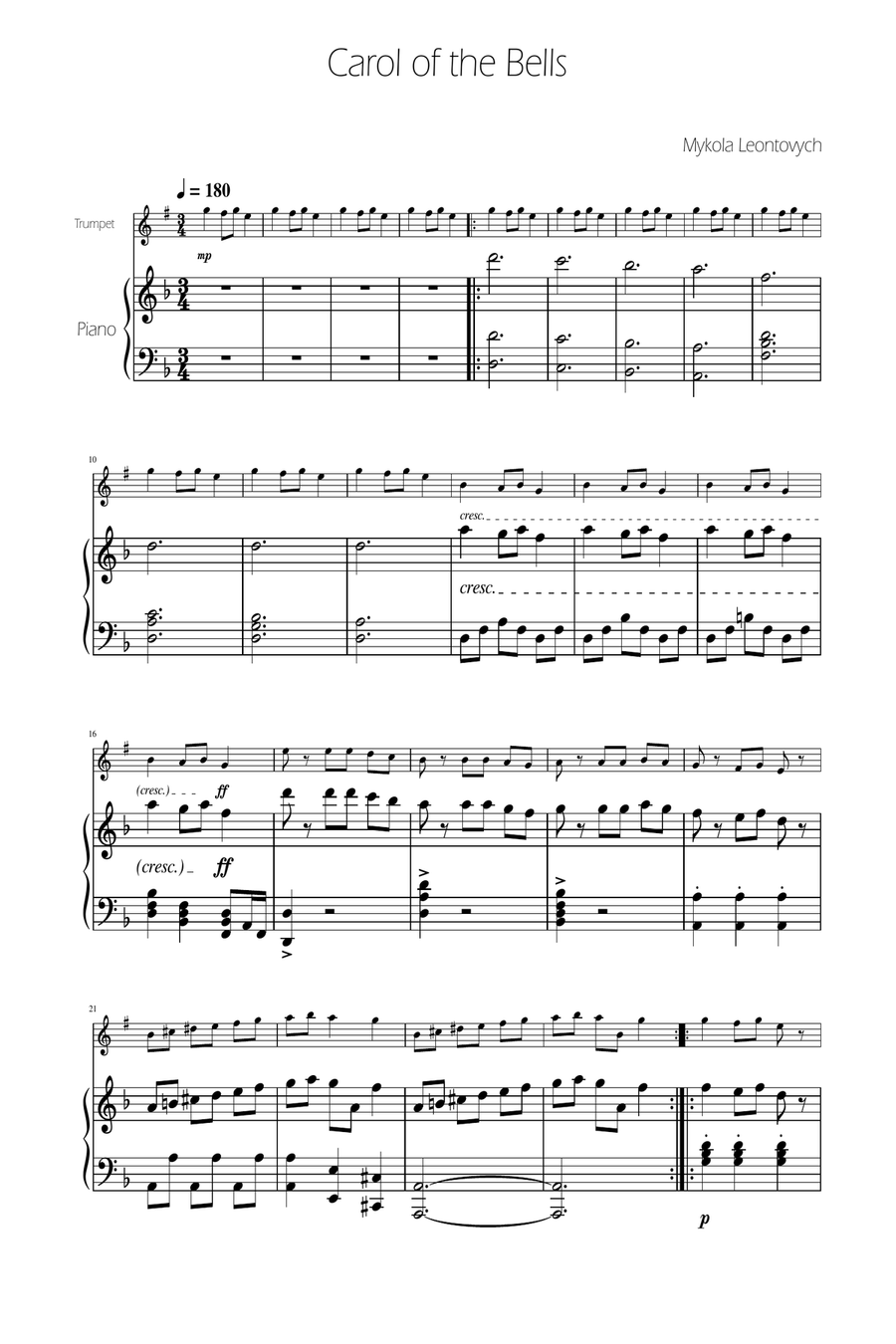 Carol of The Bells - Trumpet Solo w/ Piano B-Flat Trumpet scores gallery preview page 1