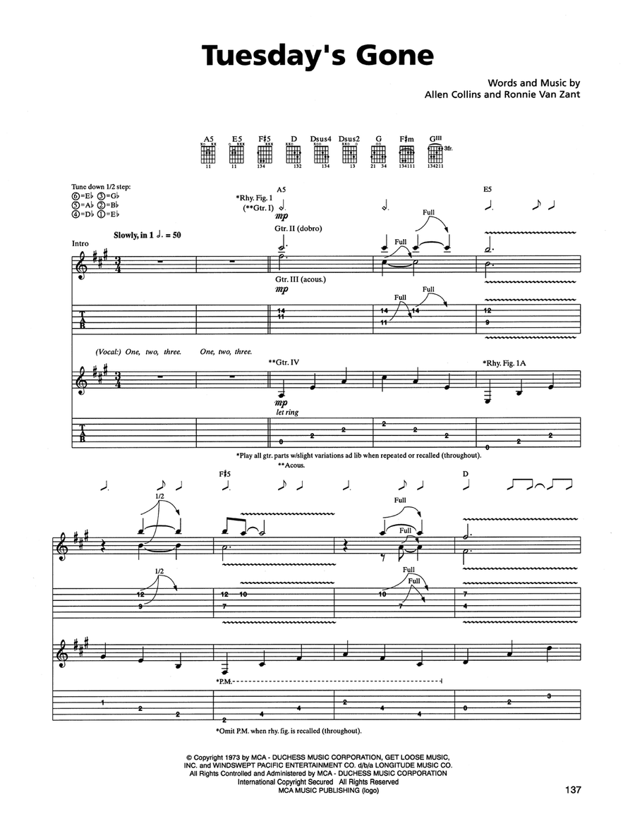 Tuesday's Gone Acoustic Guitar scores gallery preview page 1