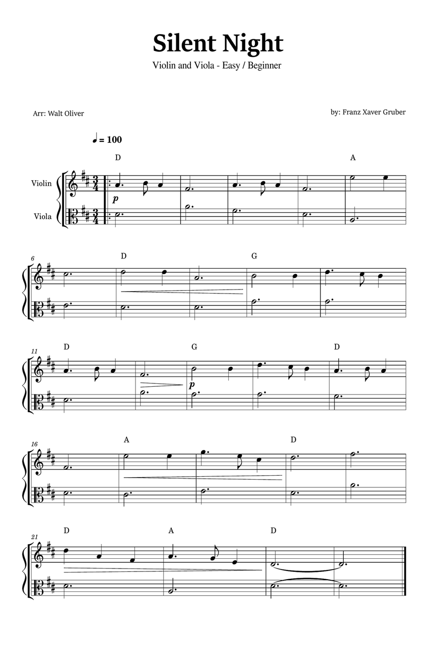 Silent Night for Violin and Viola (Easy - Beginner) - in D major - with chords String Duet scores gallery preview page 1