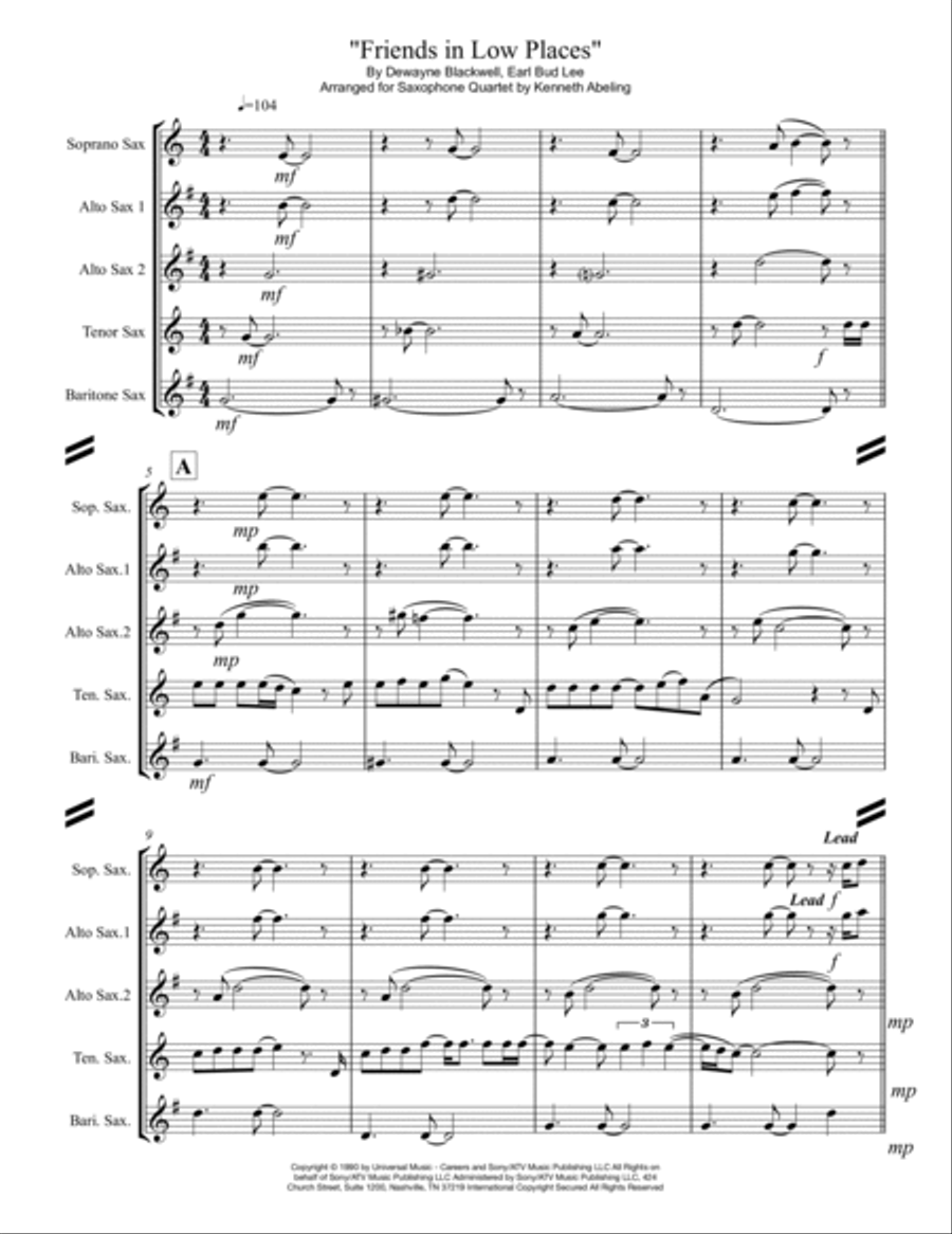 Friends In Low Places Saxophone Quartet scores gallery preview page 2
