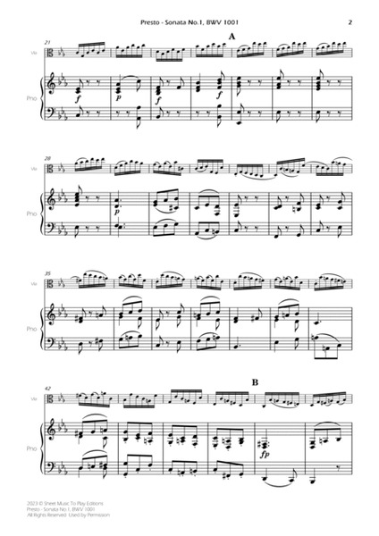 Presto from Sonata No.1, BWV 1001 - Viola and Piano (Full Score and Parts) image number null