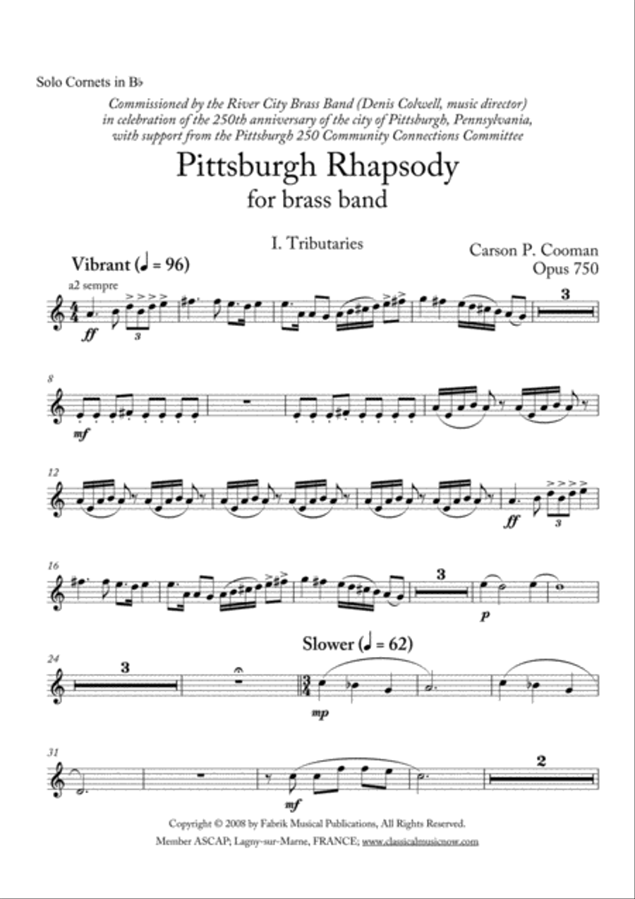 Carson Cooman: Pittsburgh Rhapsody (2008) for brass band, Solo Bb cornet part Brass Band scores gallery preview page 1