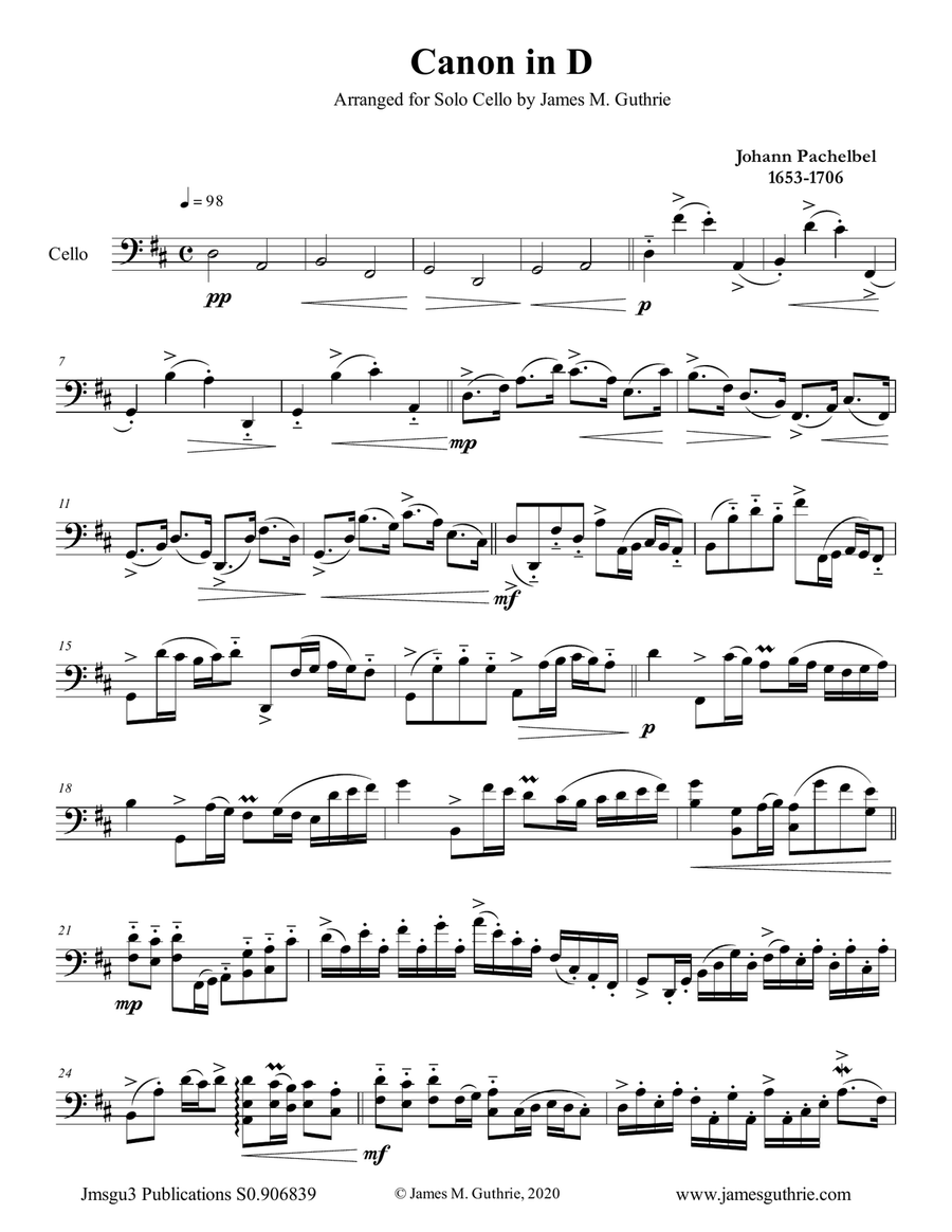 Pachelbel Canon in D for Solo Cello by Johann Pachelbel Cello Solo Digital Sheet Music Sheet Music Plus