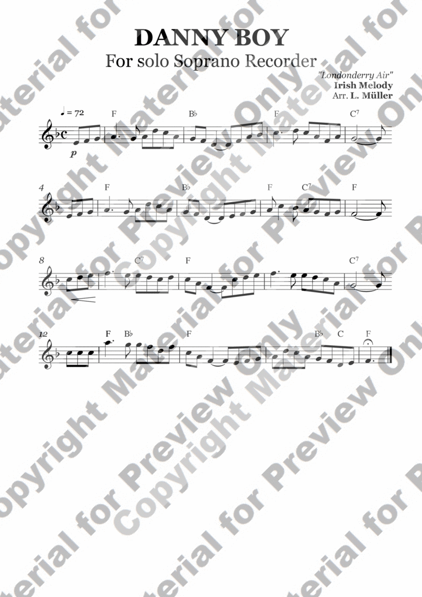Danny Boy - For Soprano Recorder - With Chords image number null