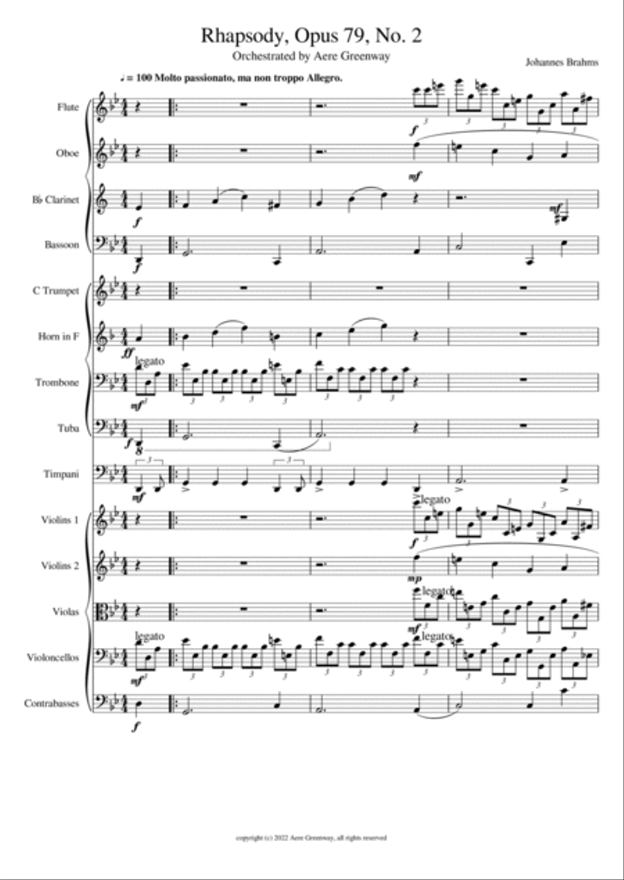 Brahms Rhapsody Opus 79 No. 2, arranged for orchestra Full Orchestra scores gallery preview page 2