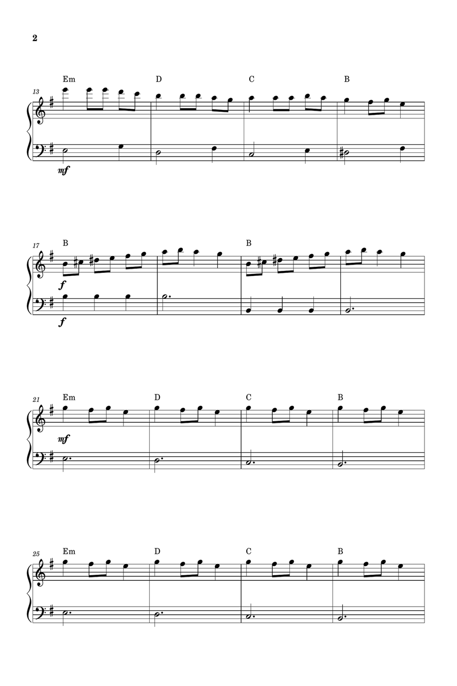 Carol of The Bells (Very Easy - Beginner Piano) in E minor - With Chords Easy Piano scores gallery preview page 2