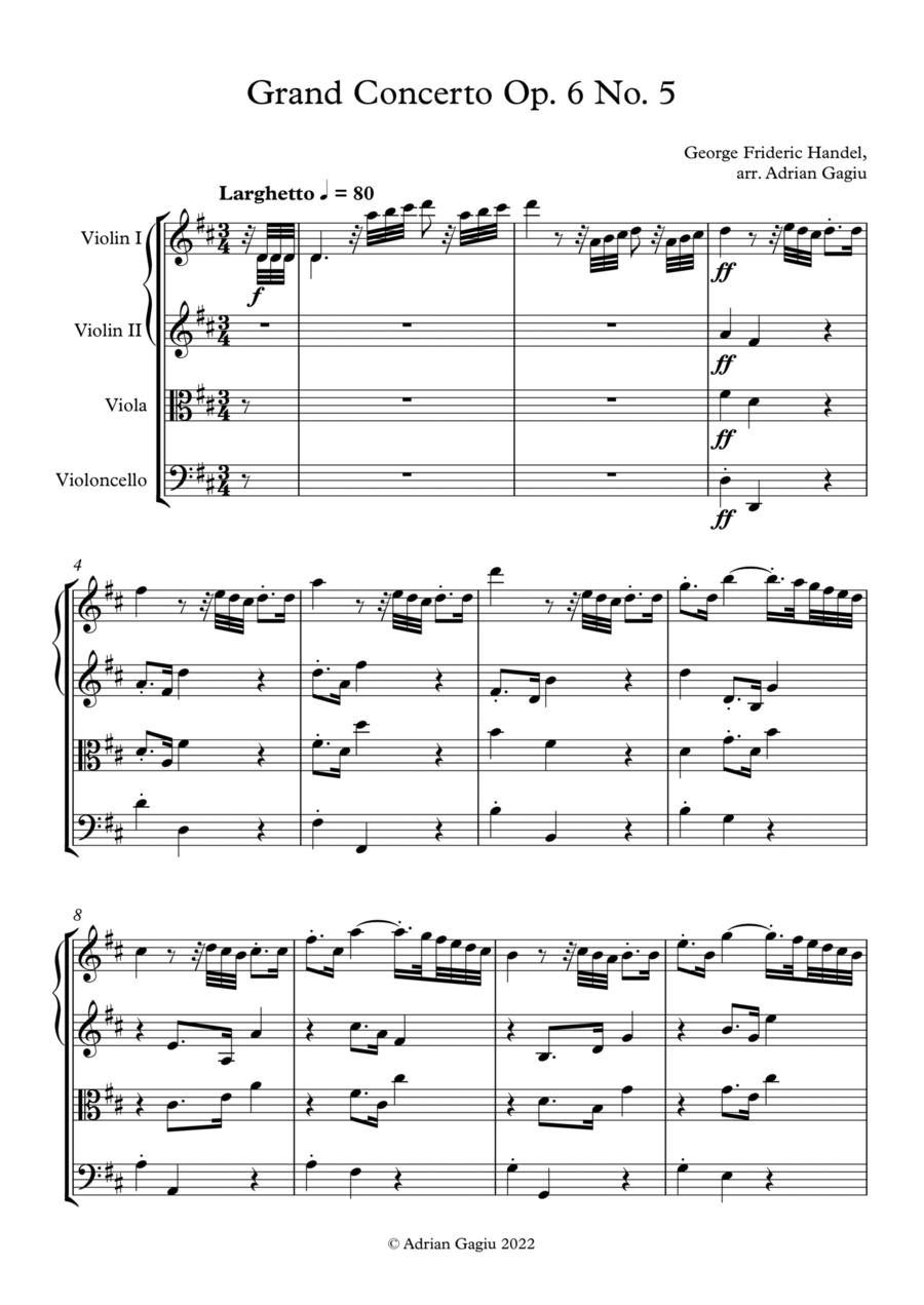 Concerto grosso in D major op. 6 no. 5 String Quartet scores gallery preview page 1