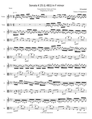 Book cover for Scarlatti: Sonata K 25 (L 481) arr. for Violin and Viola