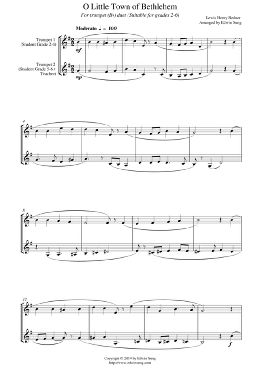 O Little Town of Bethlehem (for trumpet (Bb) duet, suitable for grades 2-6) image number null