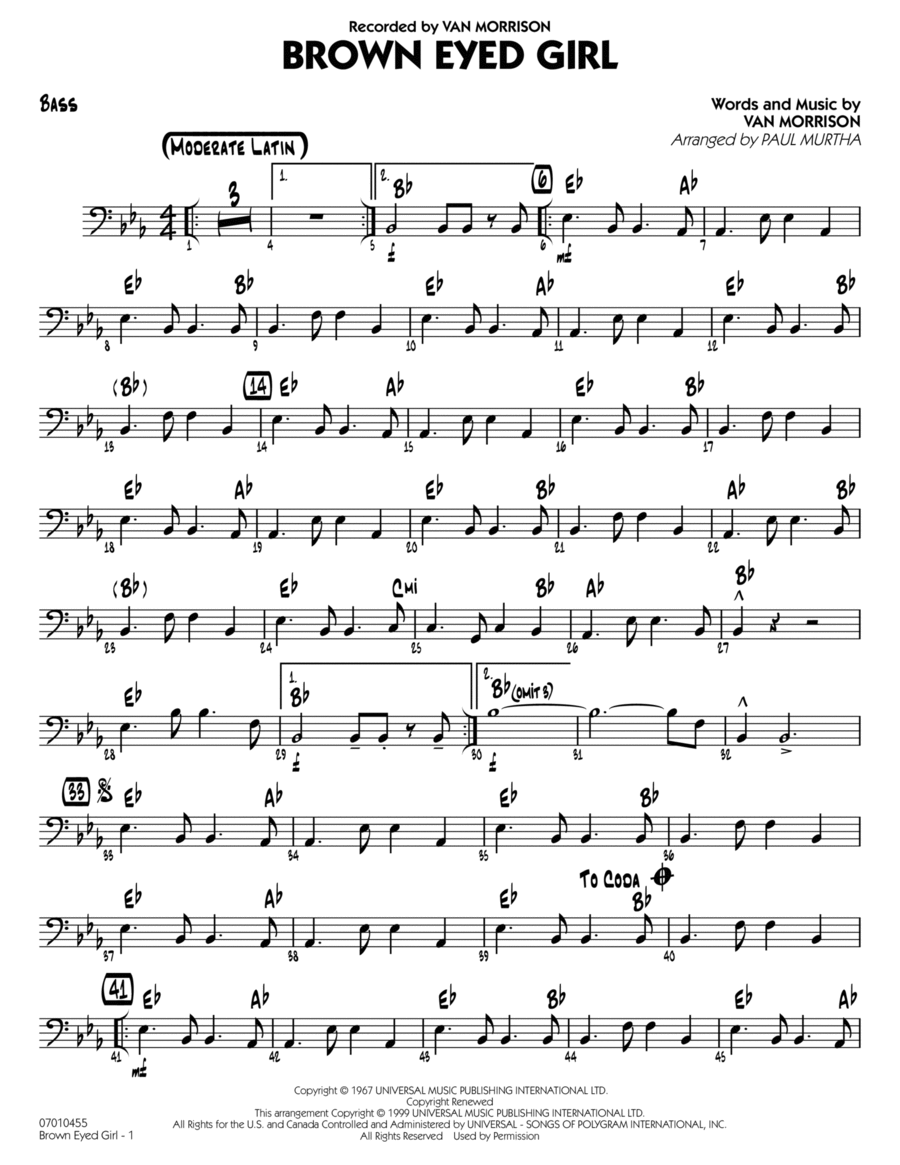 Brown Eyed Girl - Bass Brown Eyed Girl - Bass Part scores gallery preview page 1