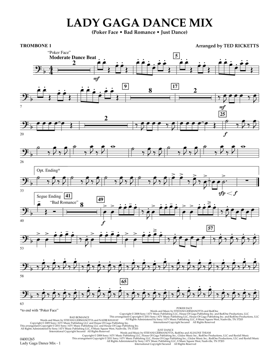 Lady Gaga Dance Mix - Trombone 1 Concert Band scores gallery preview page 1