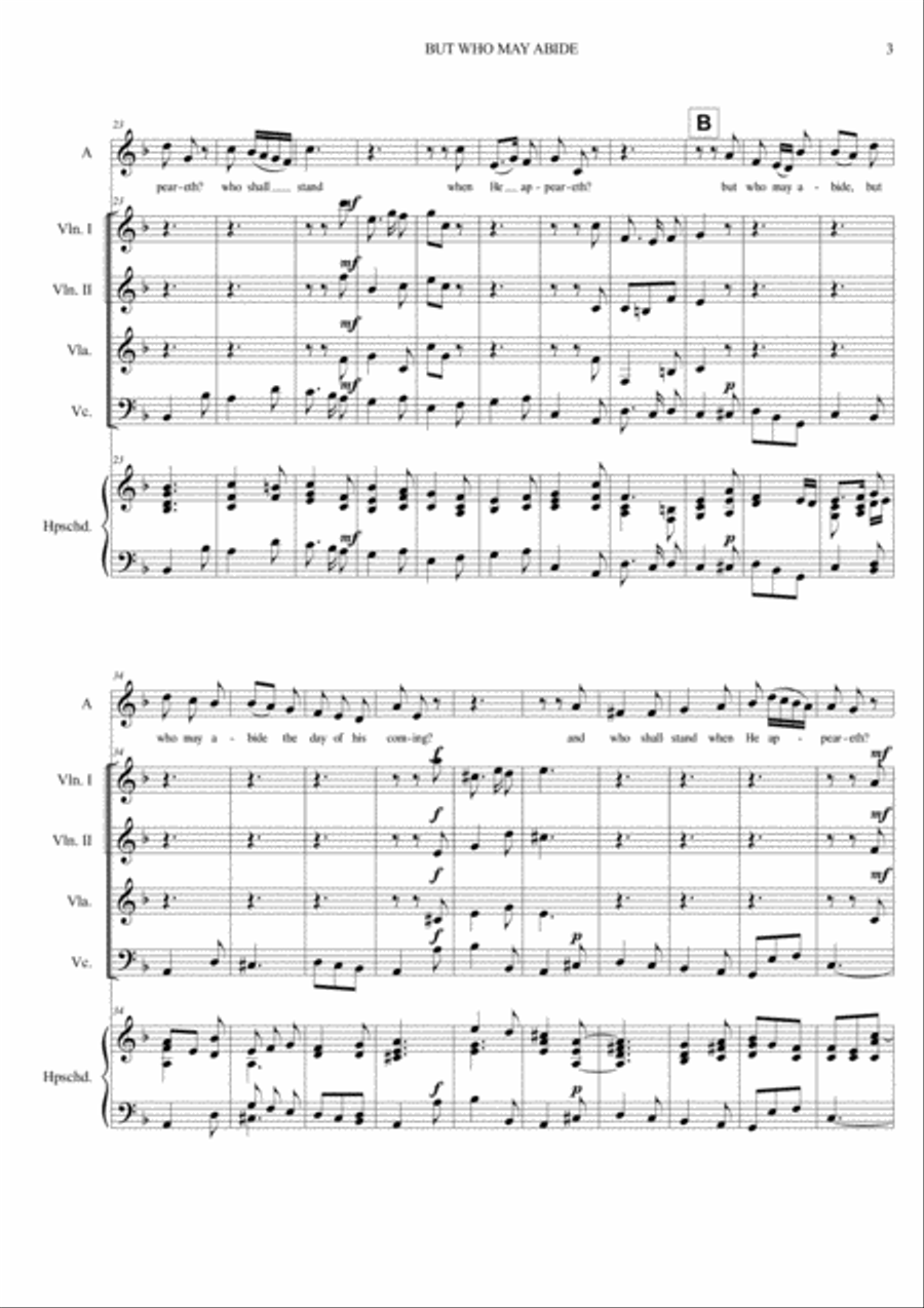BUT WHO MAY ABIDE - Messiah - For Alto, String Quartet and Harpsichord Small Ensemble scores gallery preview page 3
