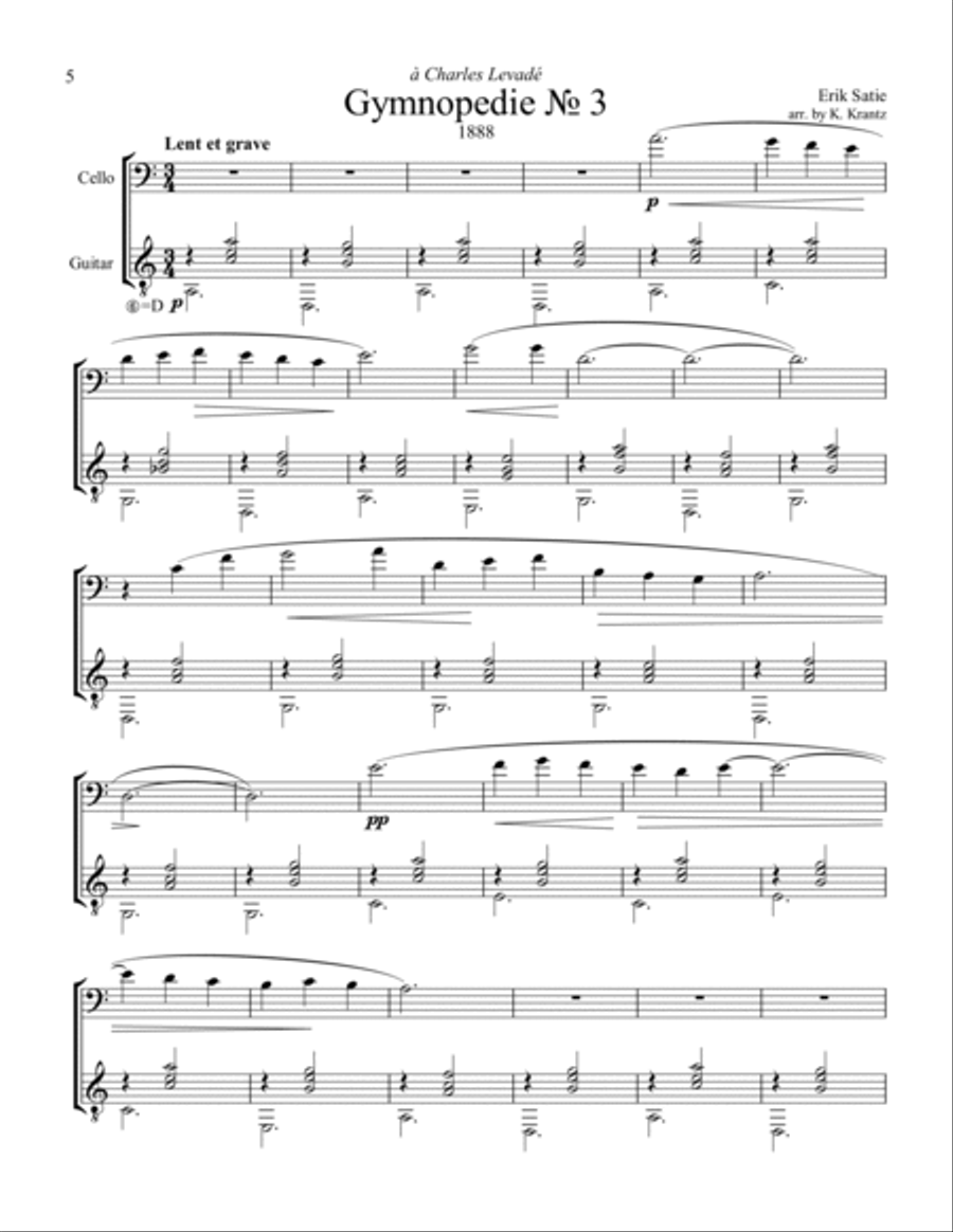Gymnopedie (1,2,3) and Gnossienne (1,2,3+5) for cello and guitar String Duet scores gallery preview page 6