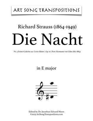 Book cover for STRAUSS: Die Nacht, Op. 10 no. 3 (transposed to E major)