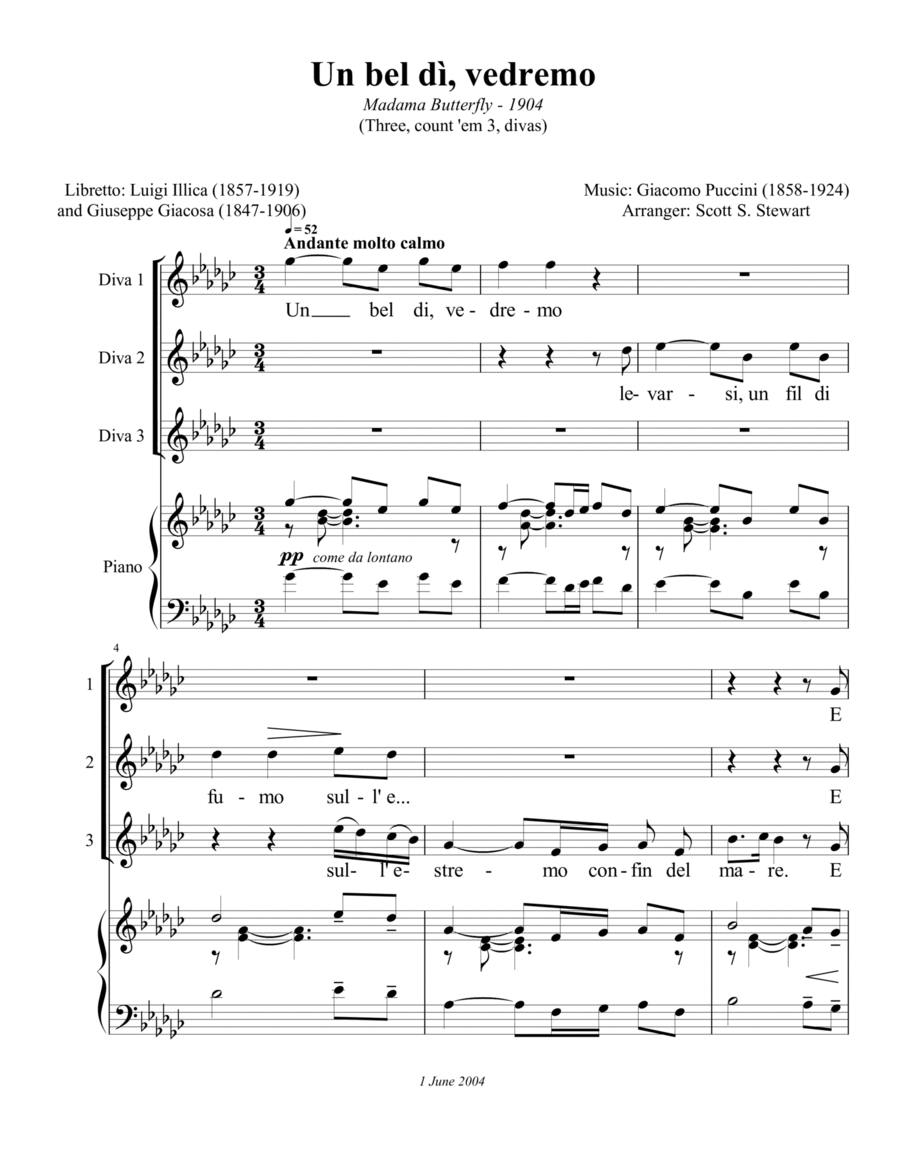 Un bel di, vedremo, from Madama Butterfly (Trio - SSM) Mezzo-Soprano Voice scores gallery preview page 1