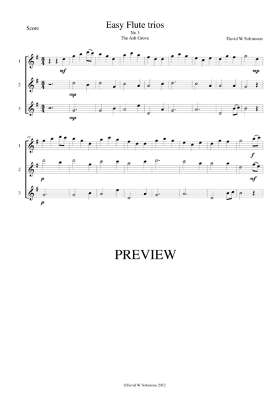 The Ash Grove (Llwyn Onn) for flute trio Flute Trio scores gallery preview page 1