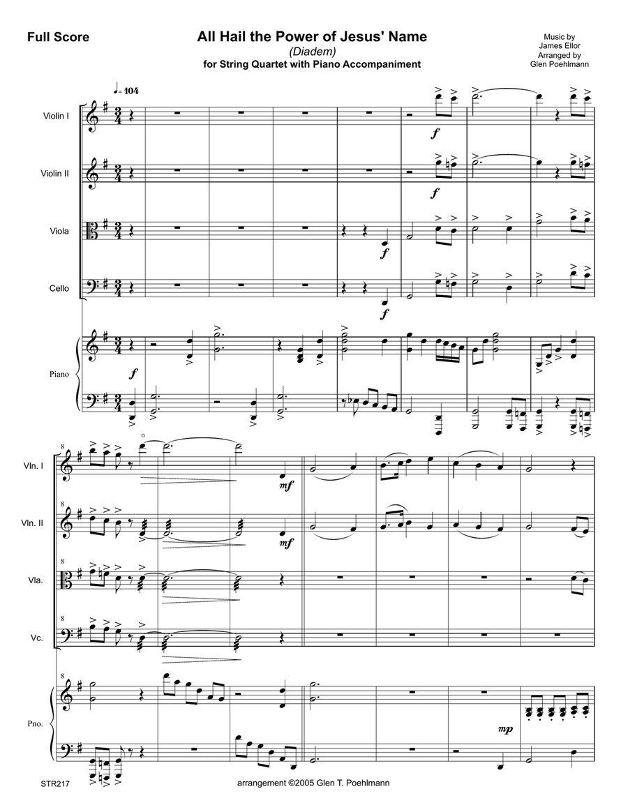 ALL HAIL THE POWER OF JESUS' NAME for STRING QUARTET with Piano Piano Quintet scores gallery preview page 1
