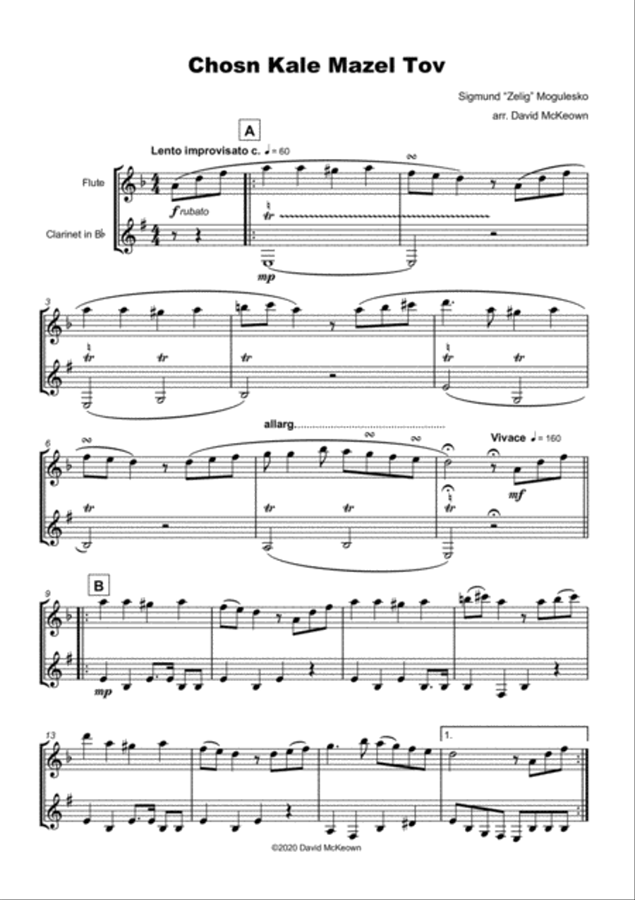 Mazel Tov, Klezmer Wedding Tune for Flute and Duet by David