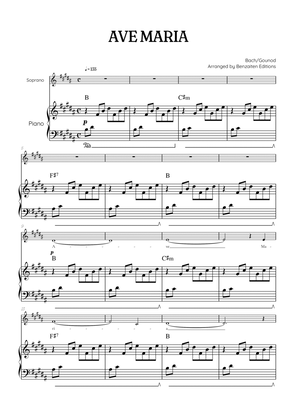 Bach / Gounod Ave Maria in B major • soprano sheet music with piano accompaniment and chords