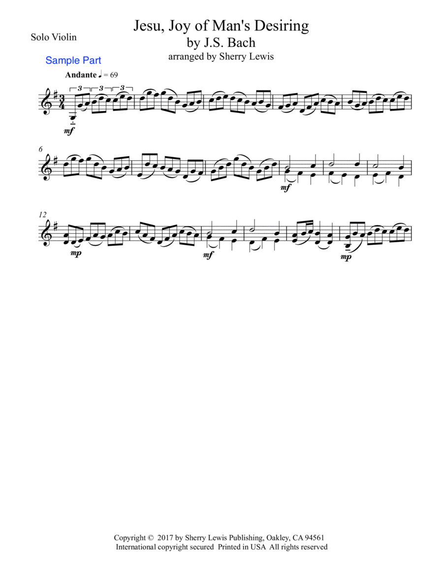 JESU, JOY OF MAN'S DESIRING- Solo Violin, Intermediate Level Violin Solo scores gallery preview page 1