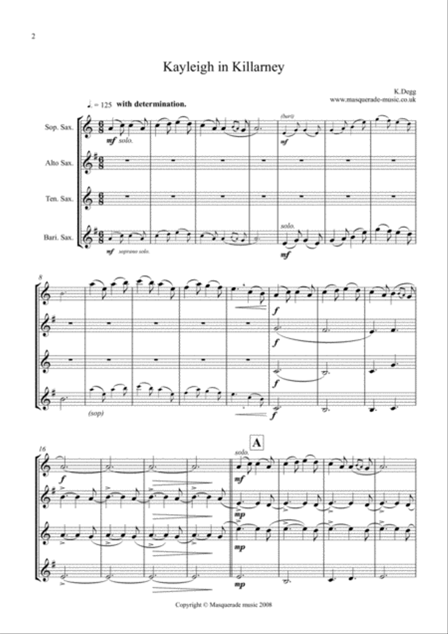 Kayleigh in Killarney SATB Saxophone Quartet (with optional Alto 2 / Tenor 2 Quintet part) Saxophone Quartet scores gallery preview page 2