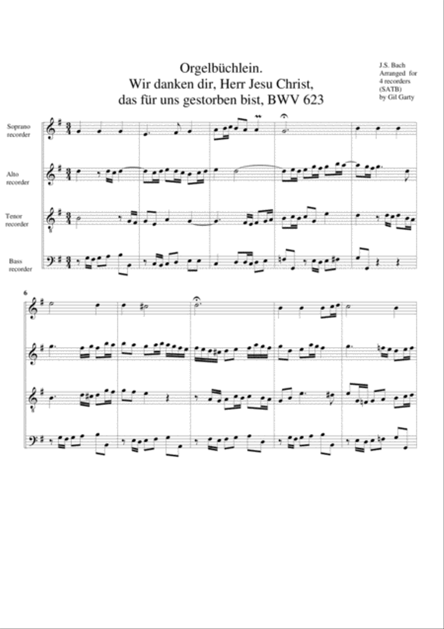 Wir danken dir, Herr Jesu Christ, das fuer uns gestorben bist, BWV 623 from Orgelbuechlein (arrangem Recorder scores gallery preview page 1