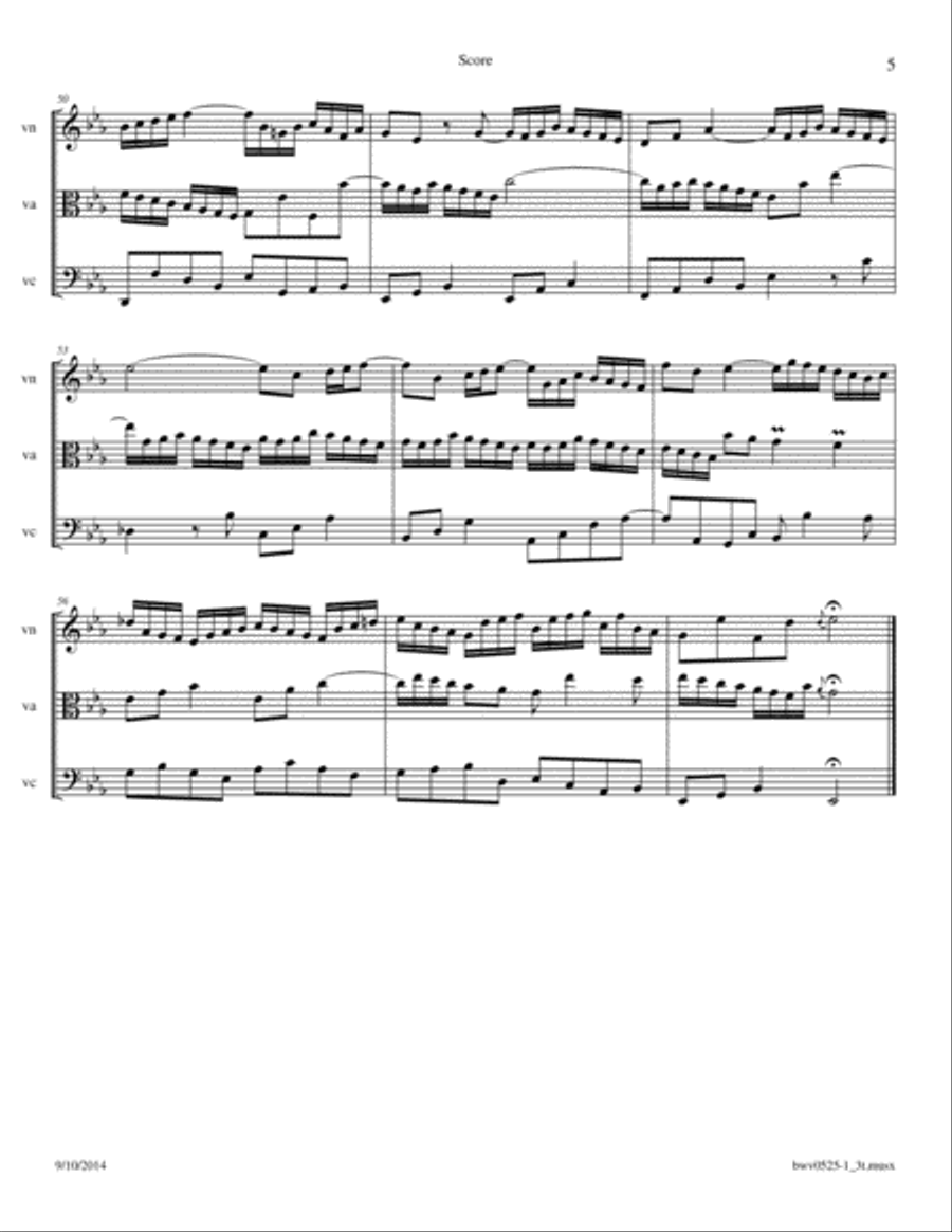 Bach: Triosonata BWV 525 1st movement arrange for Violin, Viola and Cello or 2 Violins, and Cello Small Ensemble scores gallery preview page 5